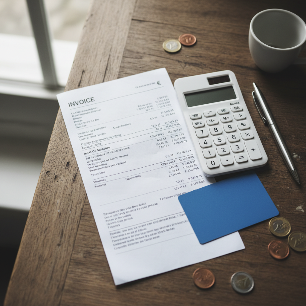 Carte bancaire, facture et calculatrice