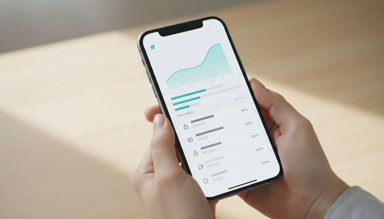 Smartphone affichant l interface d une banque en ligne moderne avec graphiques et solde du compte