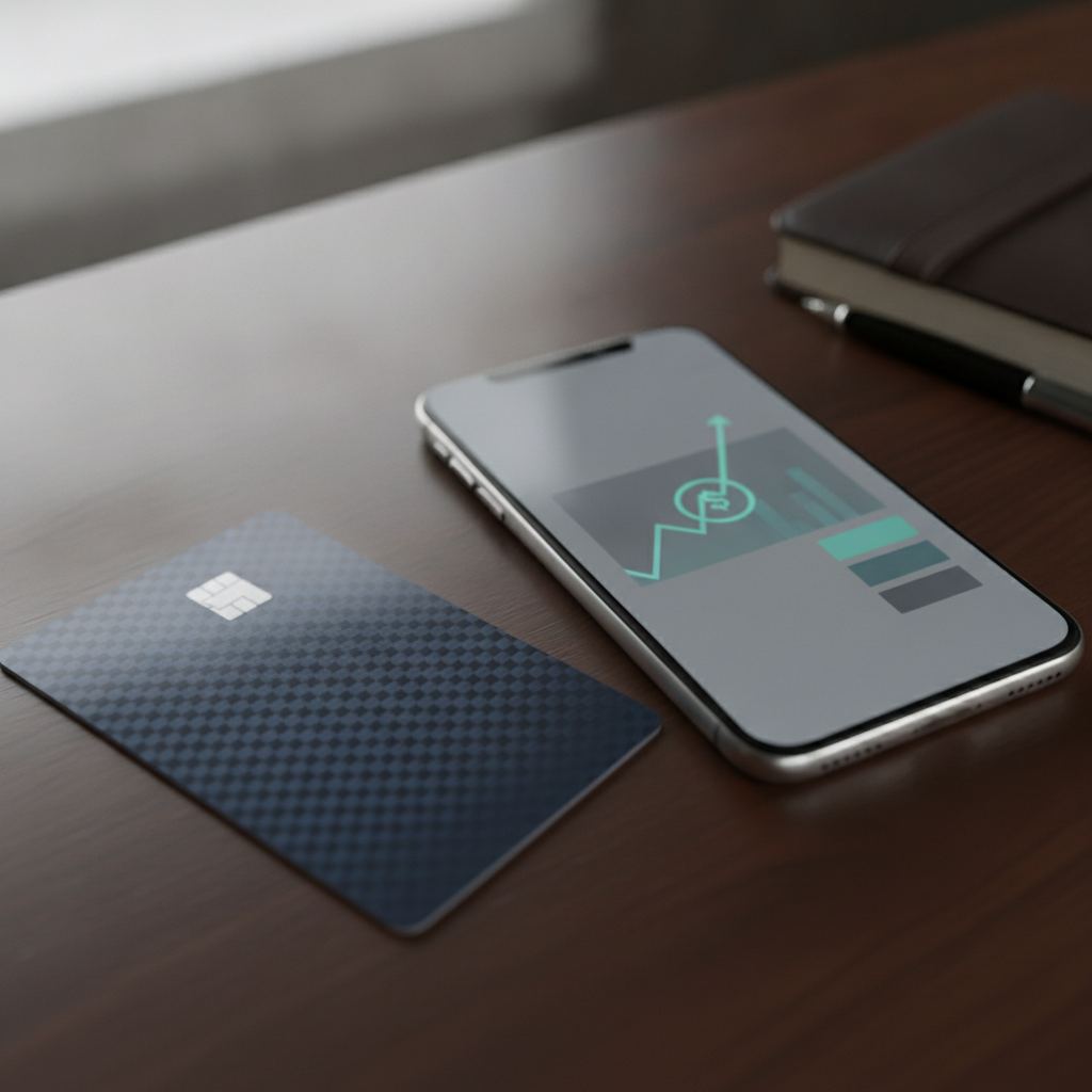 carte bancaire professionnelle et smartphone affichant une interface bancaire