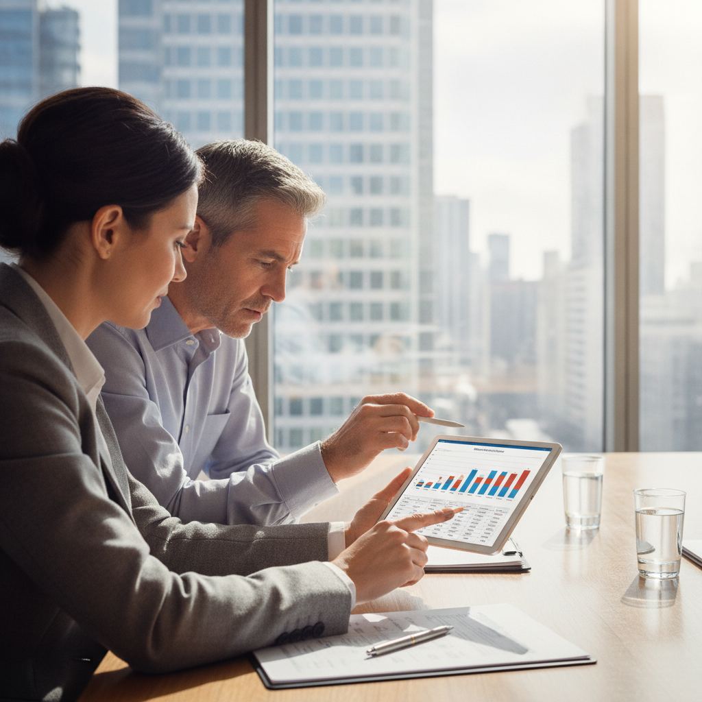 réunion d'affaires comparant des offres bancaires sur tablette