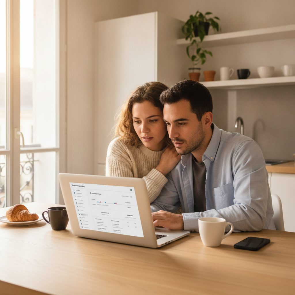Couple gérant son compte joint sur une banque en ligne depuis un ordinateur portable