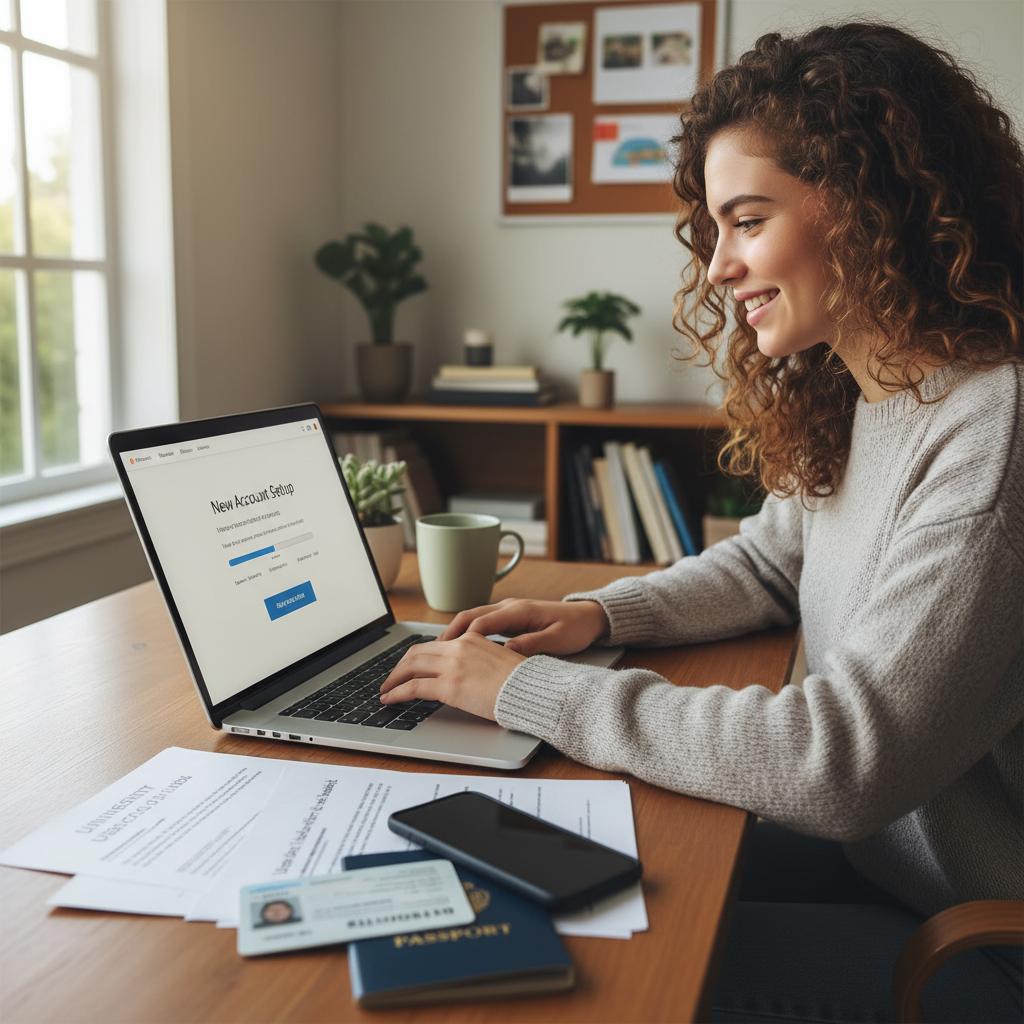Procédure ouverture compte bancaire en ligne pour étudiant avec documents d'identité sur bureau