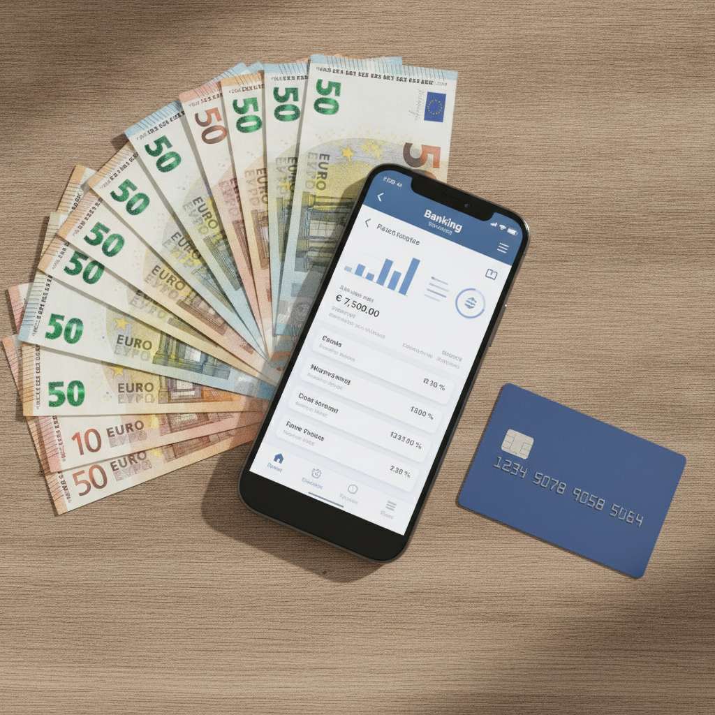 Application de banque en ligne sur smartphone avec billets en euros et carte bancaire