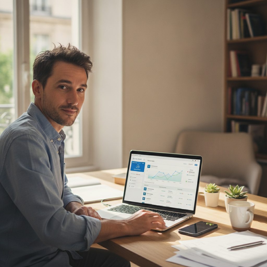 Auto-entrepreneur gérant sa banque en ligne depuis son bureau à domicile