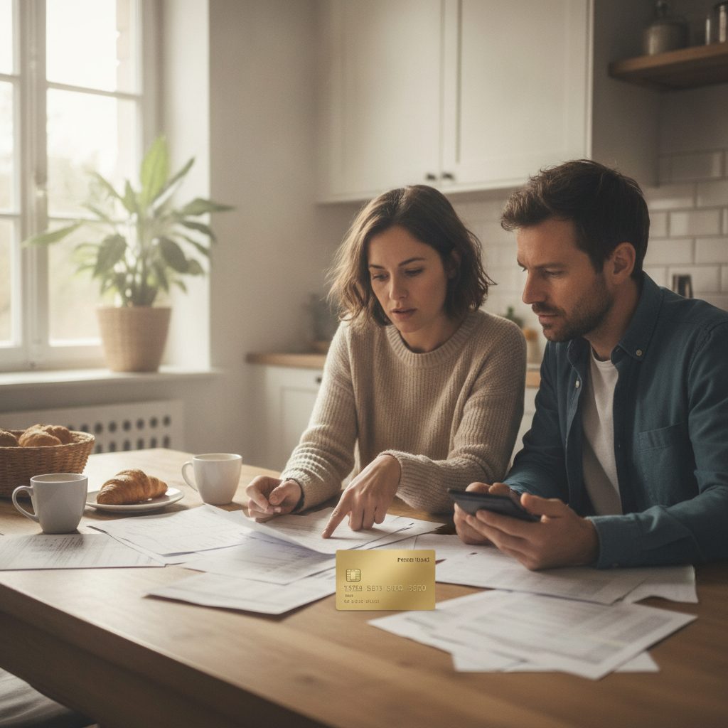 Couple comparant une carte bancaire premium gratuite et ses conditions