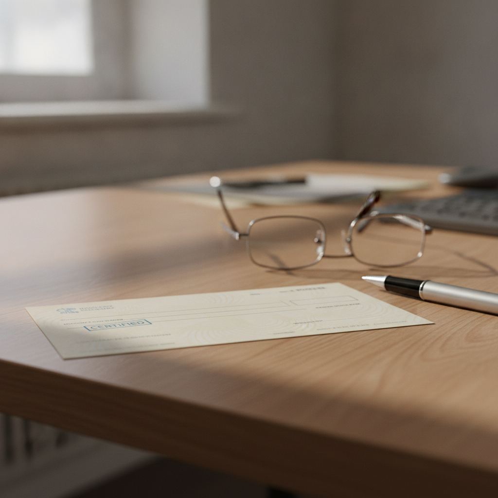 cheque de banque pose sur un bureau avec un stylo