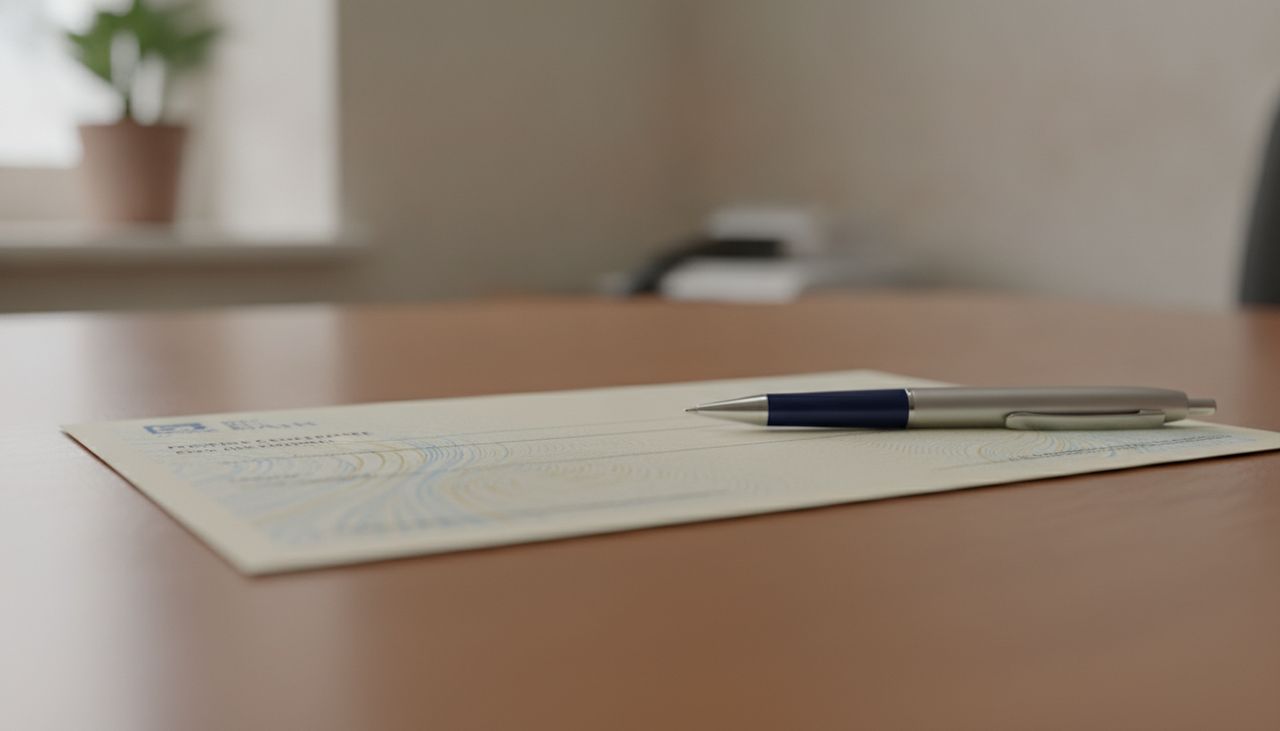 Chèque de banque officiel avec stylo sur un bureau