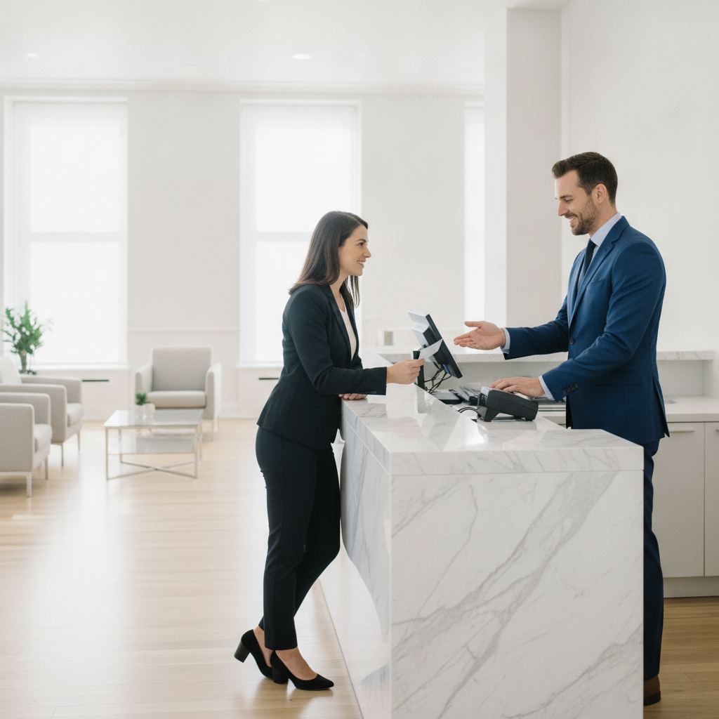 Client déposant un chèque de banque au guichet d'une agence bancaire