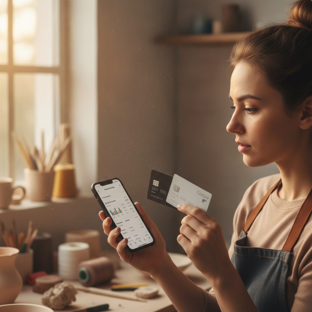 Auto-entrepreneuse comparant les cartes bancaires des banques en ligne pro