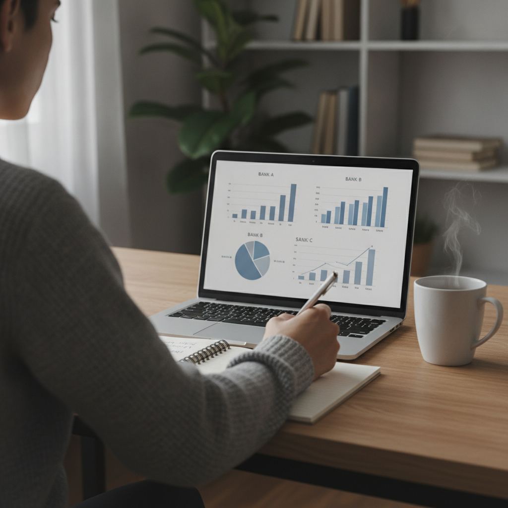 personne comparant des offres de banques en ligne sur un ordinateur portable