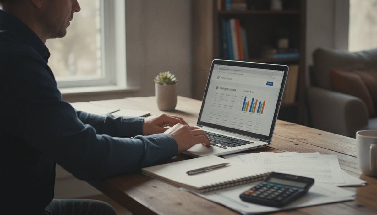 personne comparant des livrets d epargne sur un ordinateur portable avec des documents bancaires