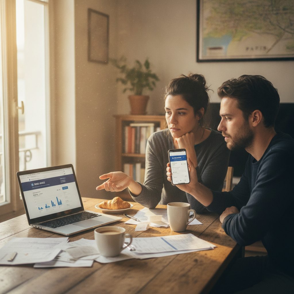 couple gerant son compte joint banque en ligne sur ordinateur et mobile