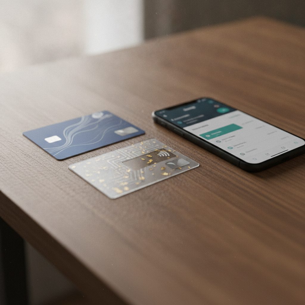 deux cartes bancaires de compte joint banque en ligne posees sur une table