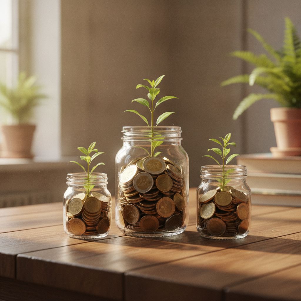 Bocaux de pièces avec plantes, croissance de l'épargne