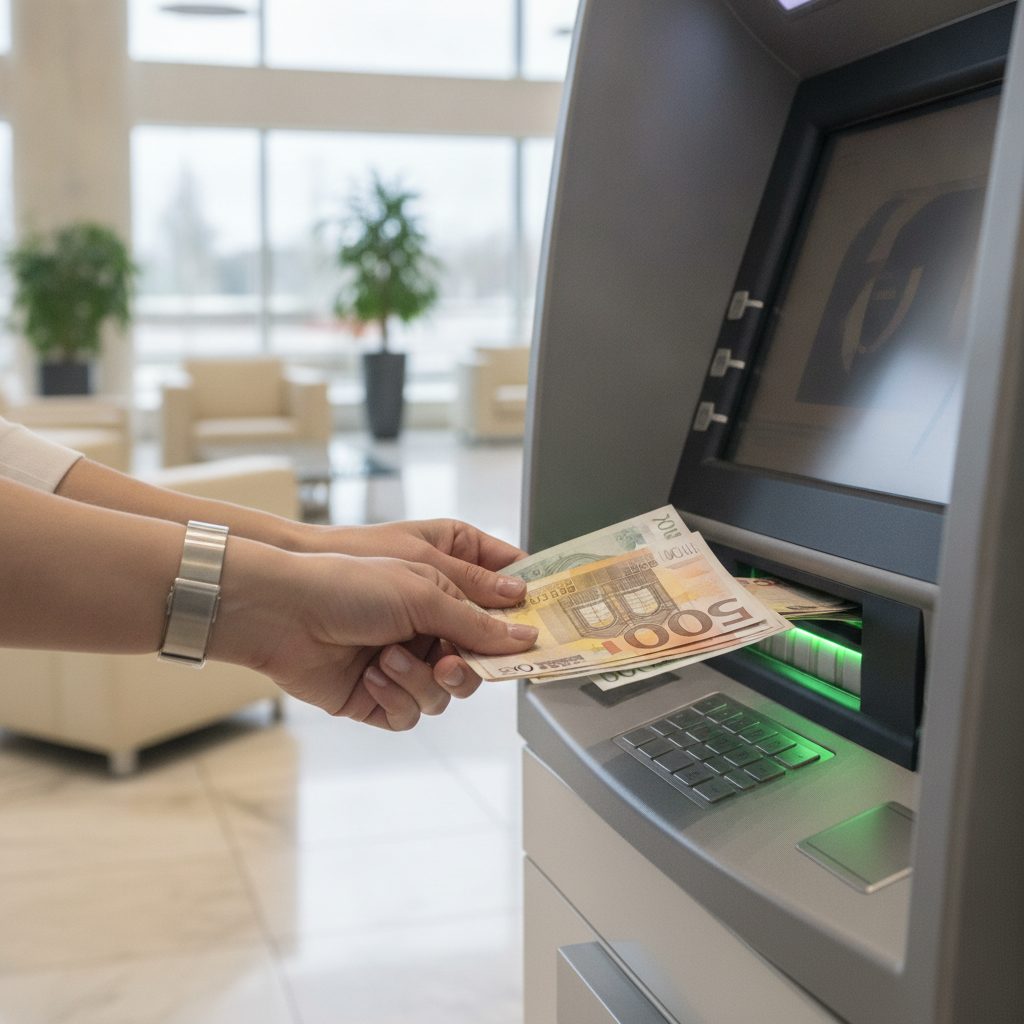 Dépôt d'espèces à un automate bancaire : billets insérés dans le distributeur