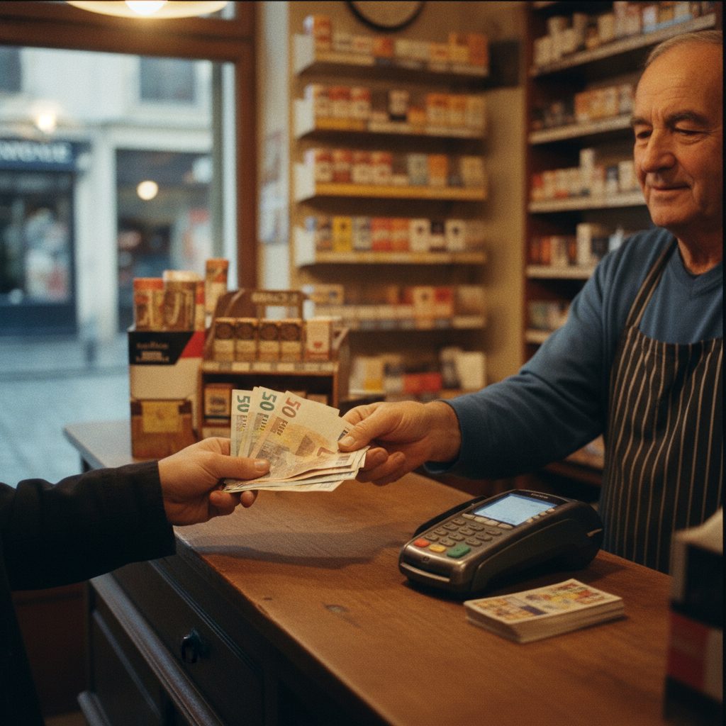 Dépôt d'espèces chez un buraliste partenaire Nickel au comptoir d'un tabac