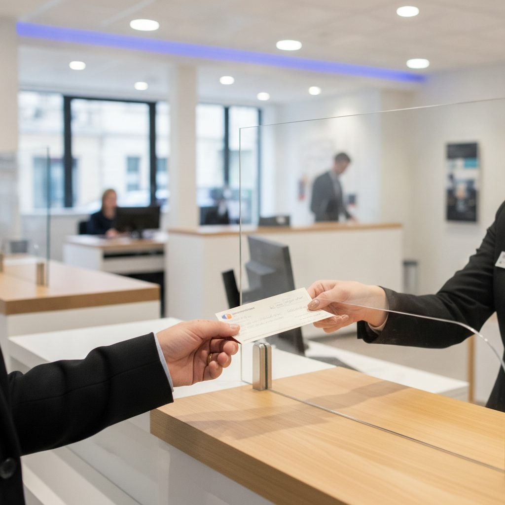 Remise d'un chèque de banque au guichet d'une agence bancaire pour encaissement