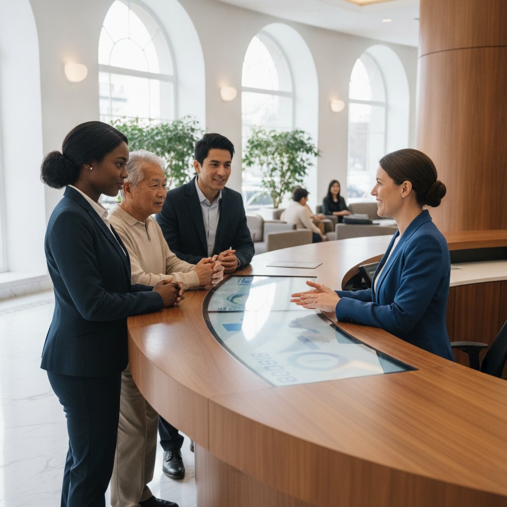 Conseiller bancaire echangeant avec des clients sur la protection de leurs depots