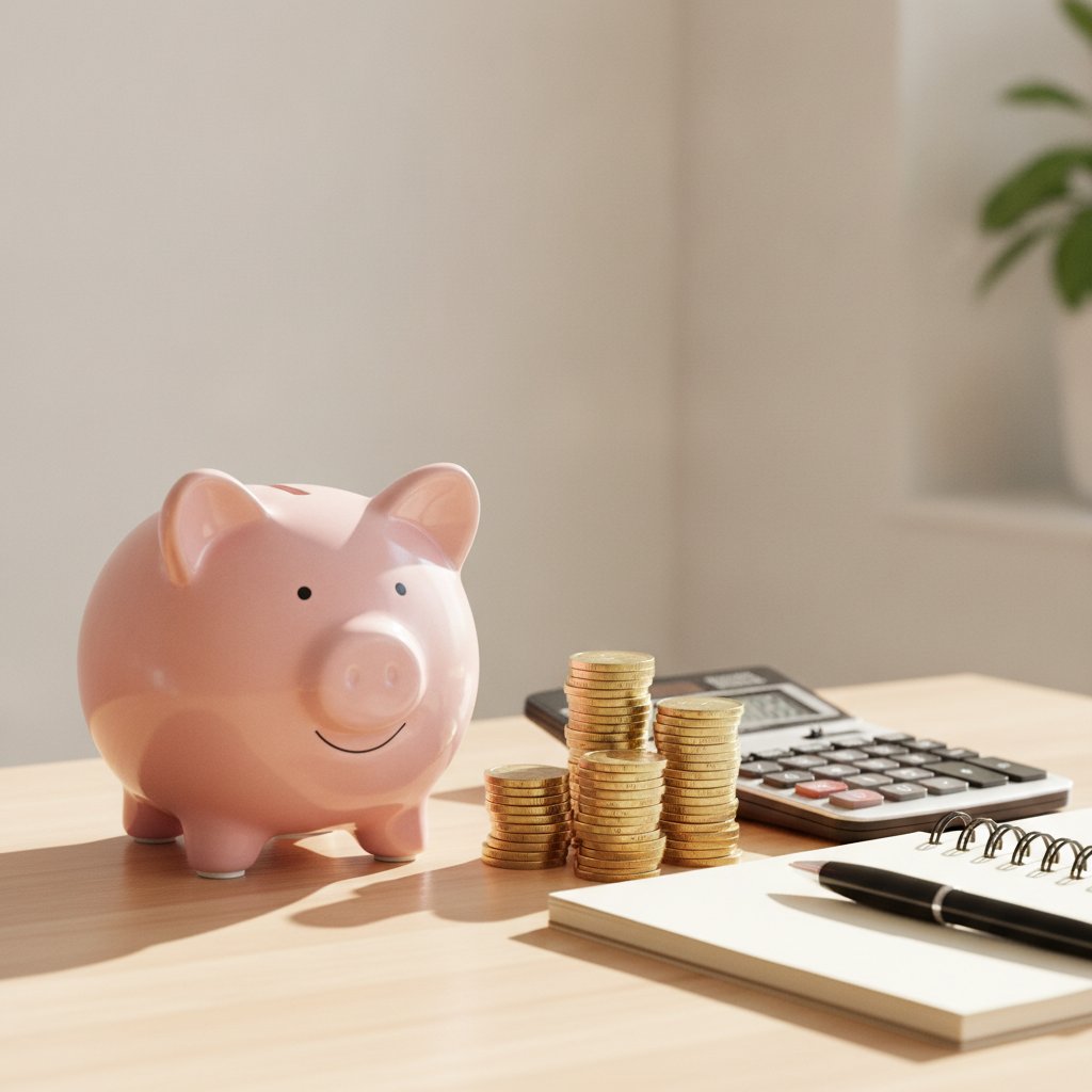Tirelire et pièces en euros avec calculatrice, épargne