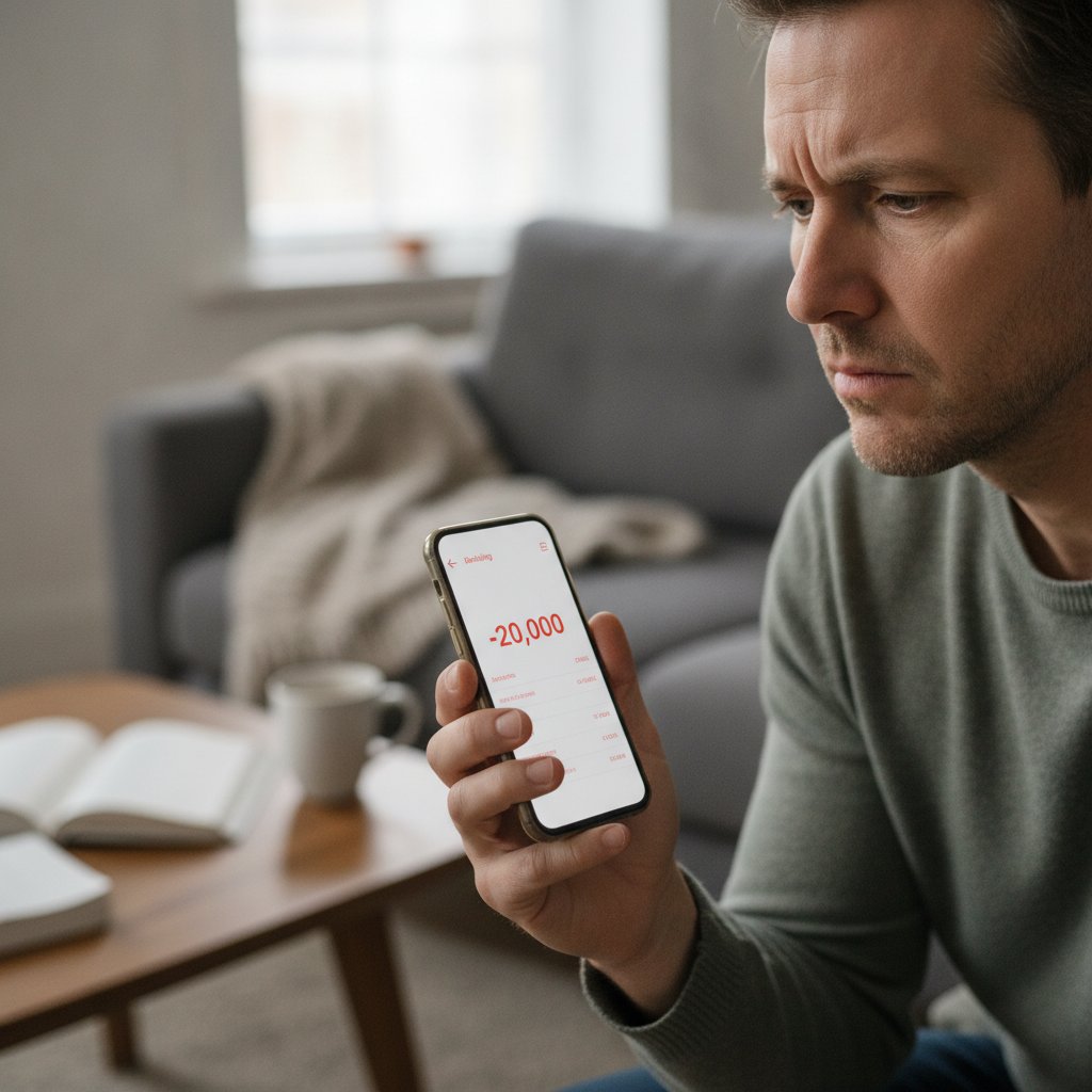 personne consultant son solde de compte bancaire en découvert sur smartphone
