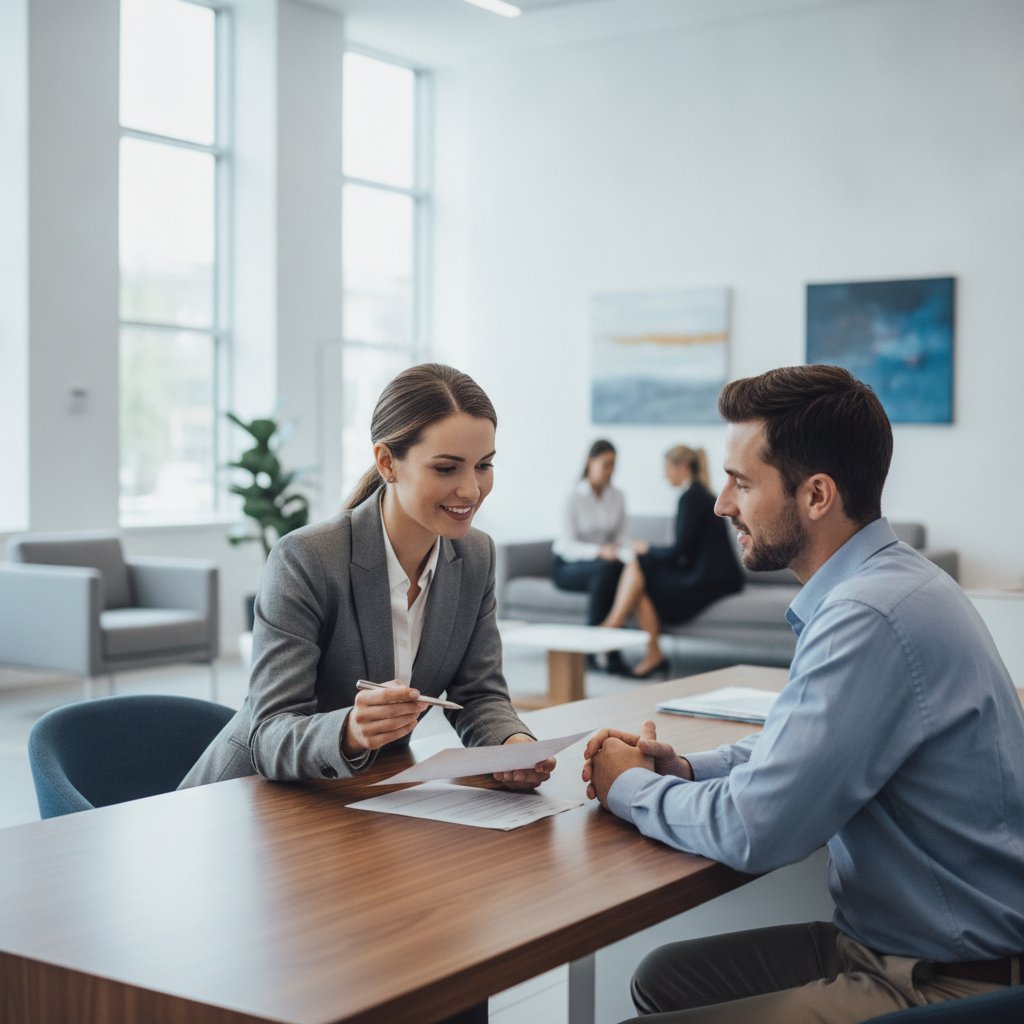 Conseillère bancaire expliquant un RIB et un IBAN à un client