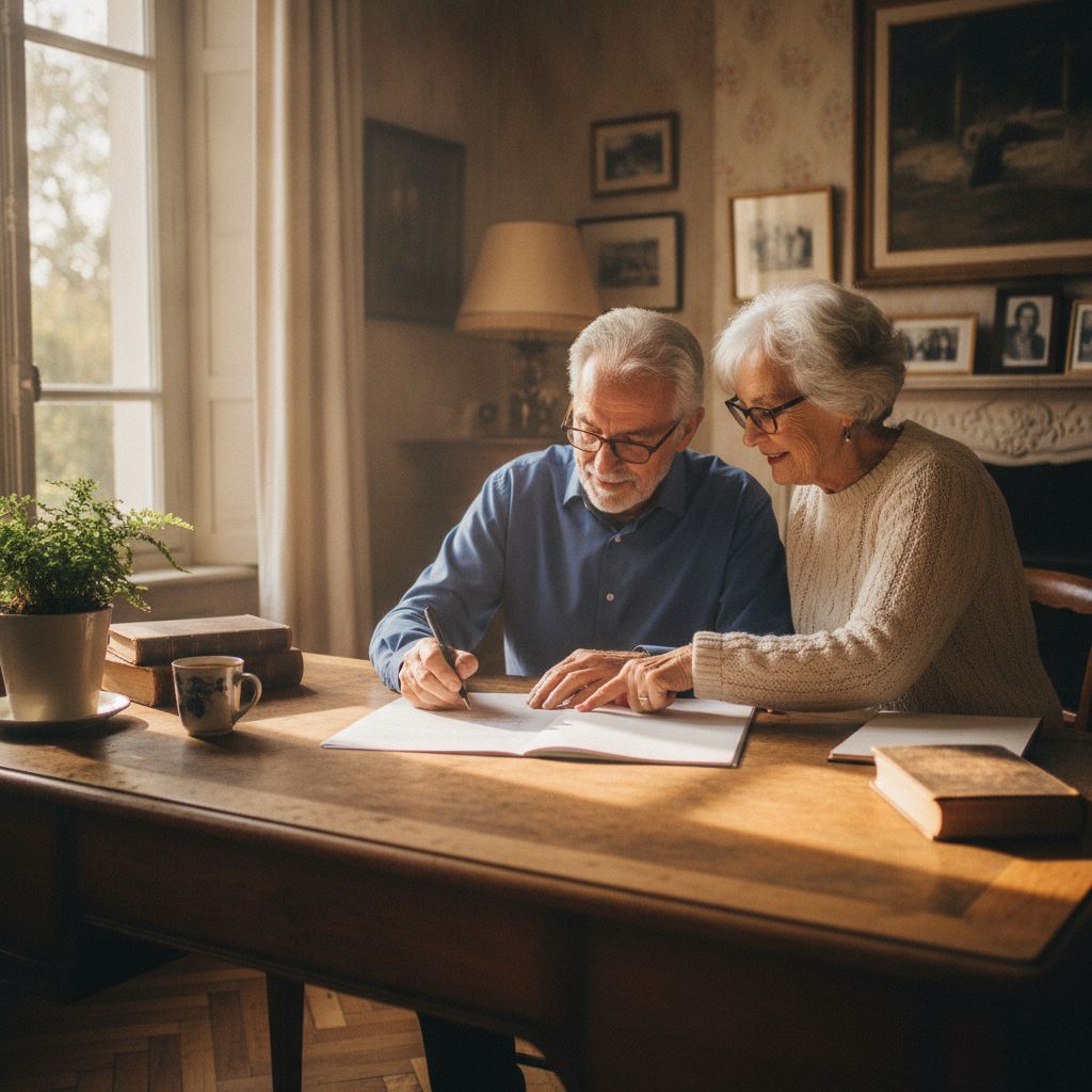 Signature d'une procuration bancaire par un couple senior à domicile