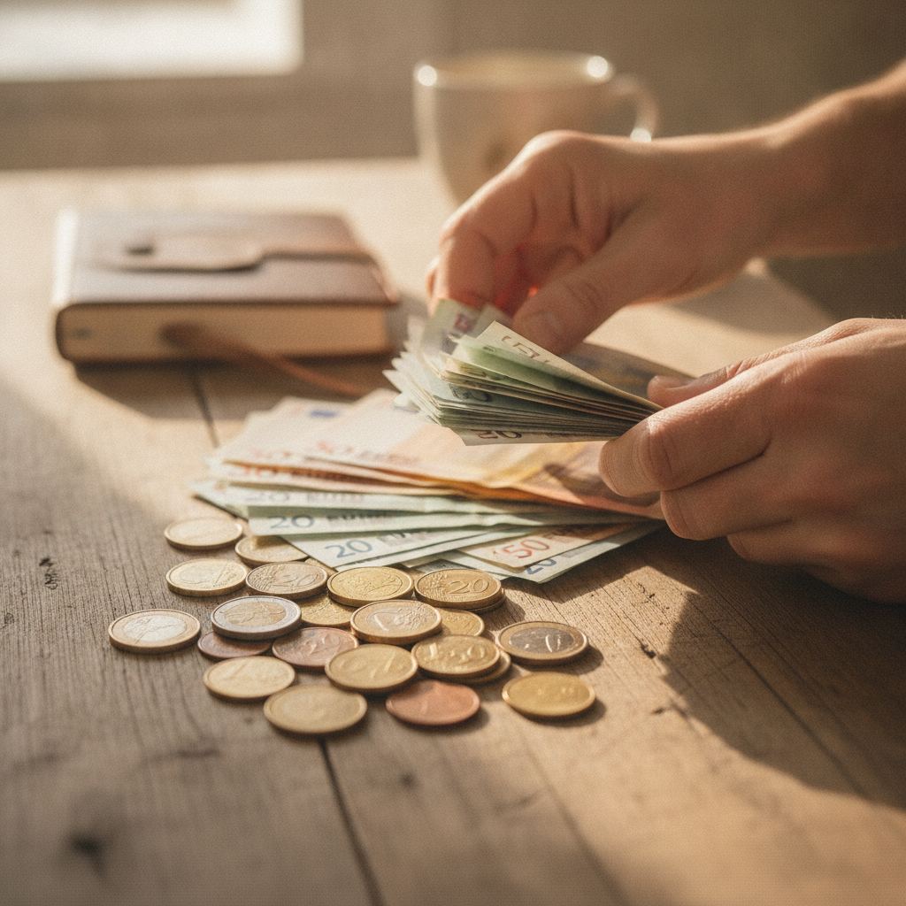 Billets et pieces en euros pour un depot d'especes en agence bancaire