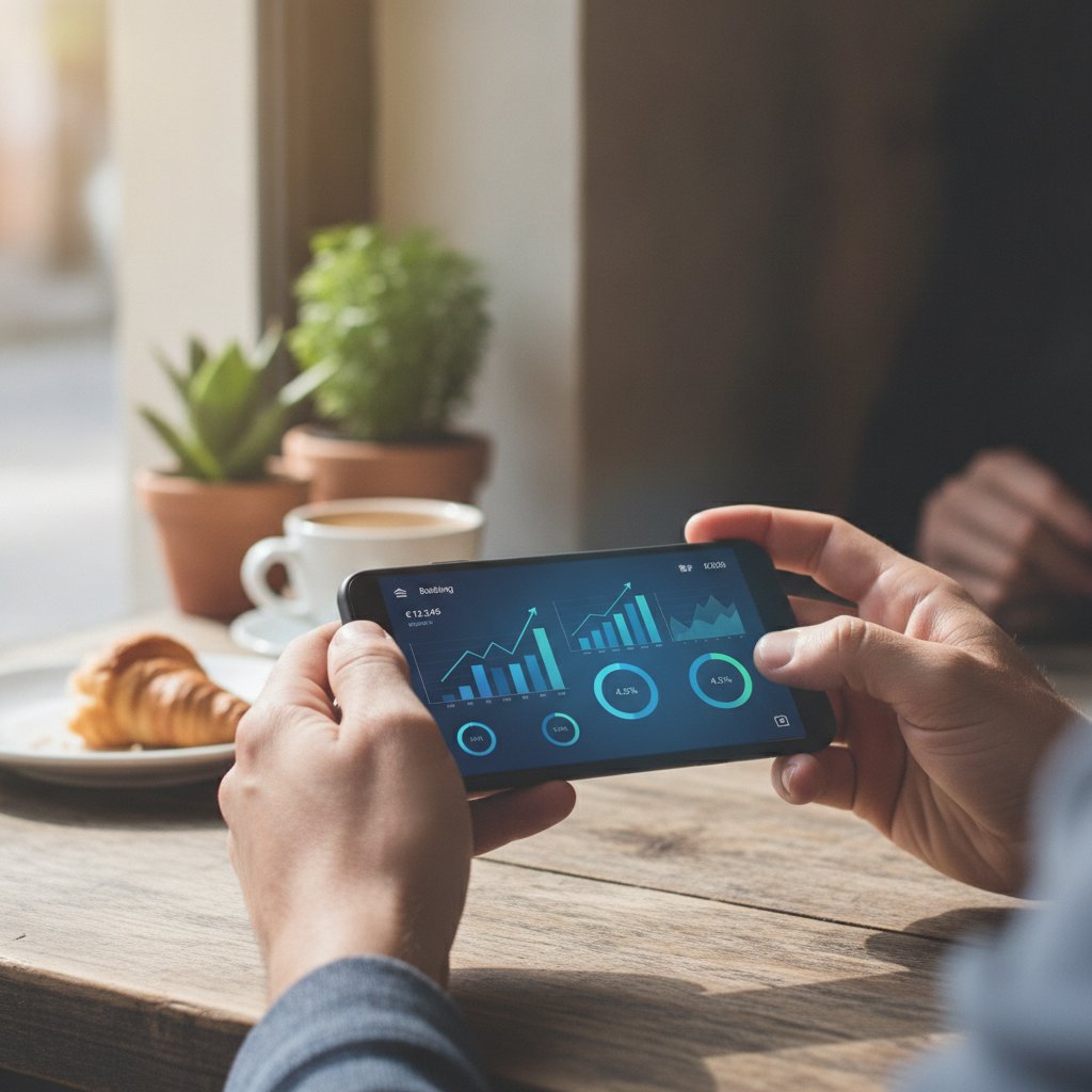 Smartphone avec une application bancaire pour suivre le credit d'un depot d'especes