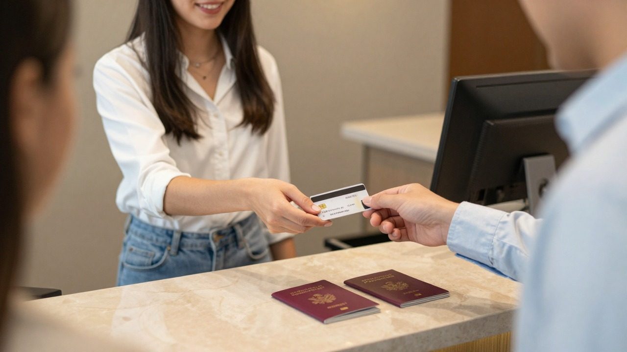 Couple réglant sa réservation d'hôtel par carte bancaire à l'étranger