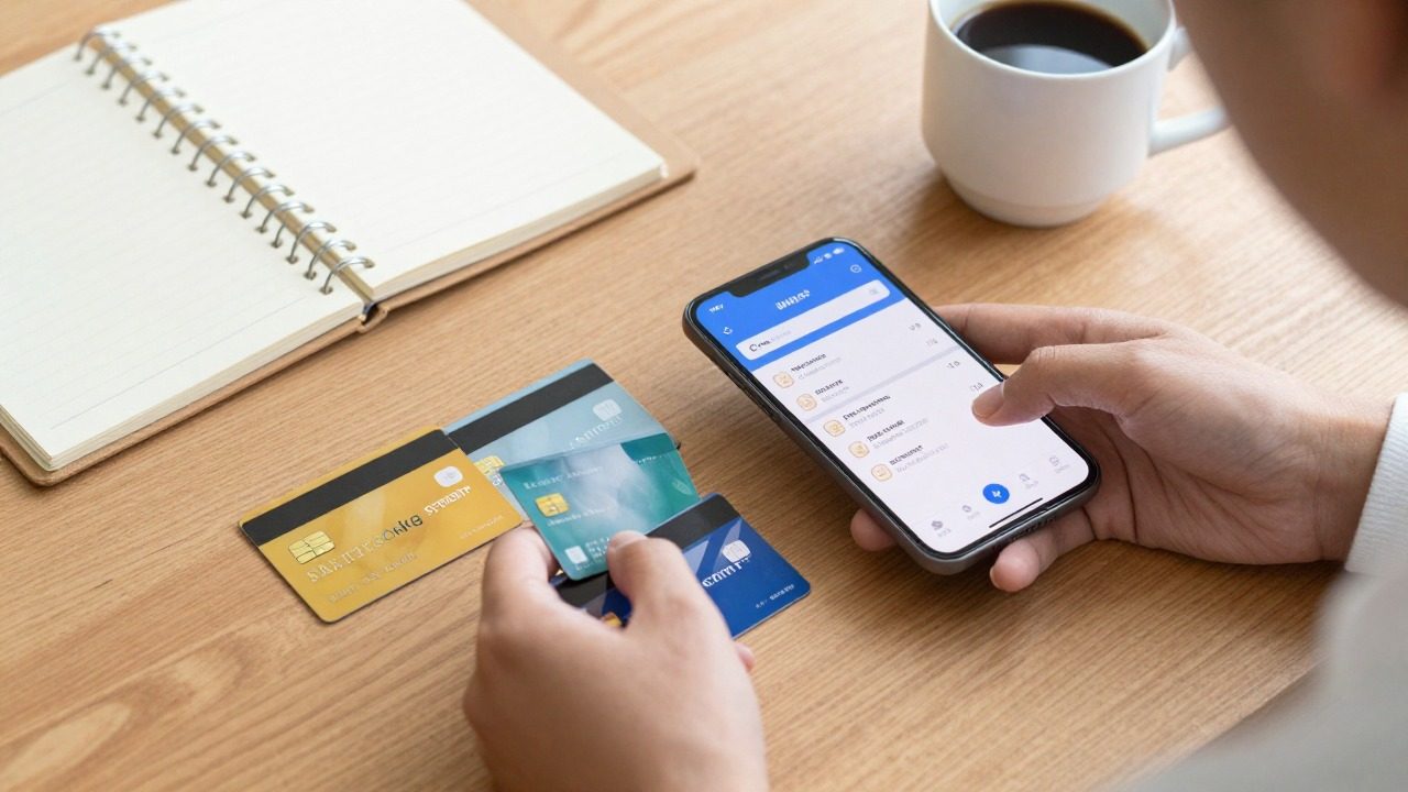 Comparaison de plusieurs cartes bancaires à côté d'une application bancaire sur smartphone