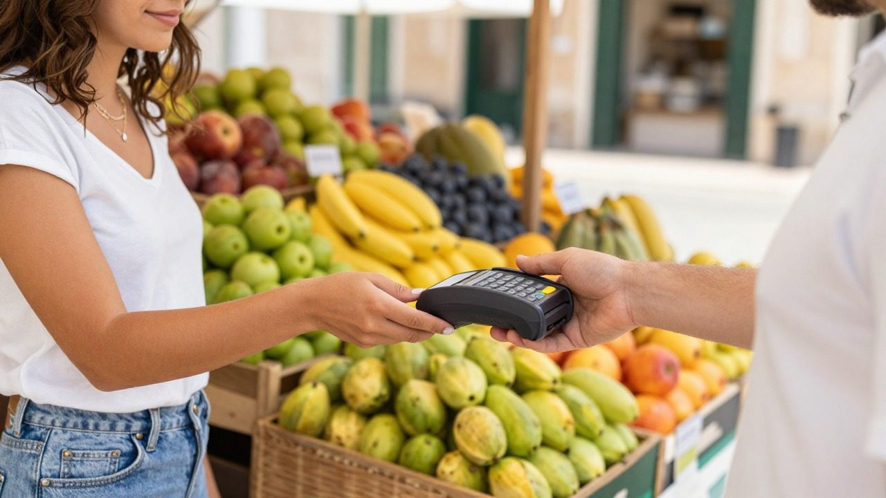 Paiement sans contact par carte bancaire sur un marché à l'étranger