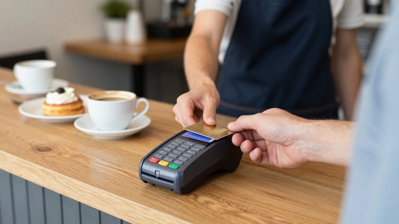 Paiement sans contact avec une carte bancaire dans un café