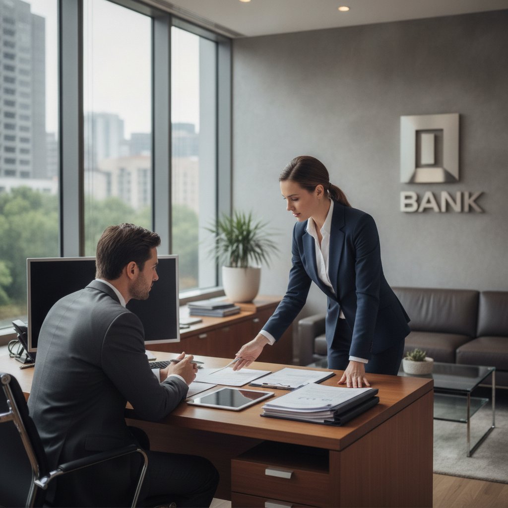Conseiller bancaire expliquant le calcul des agios et commissions d'intervention à un client