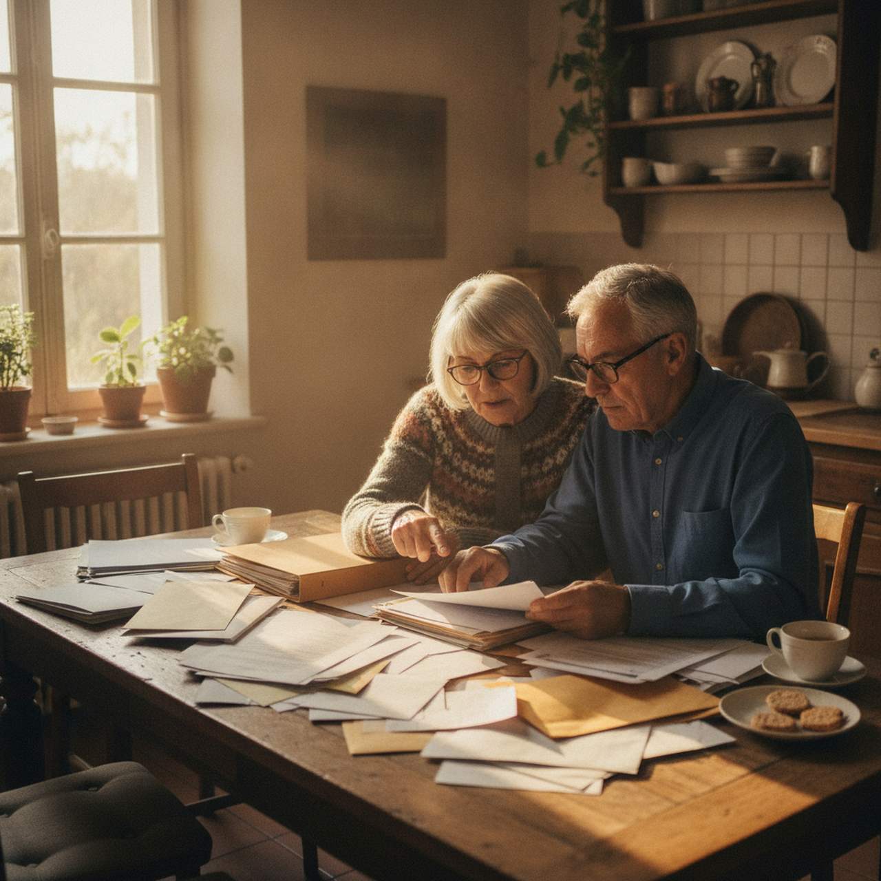 Couple senior vérifiant les documents de clôture du Livret A