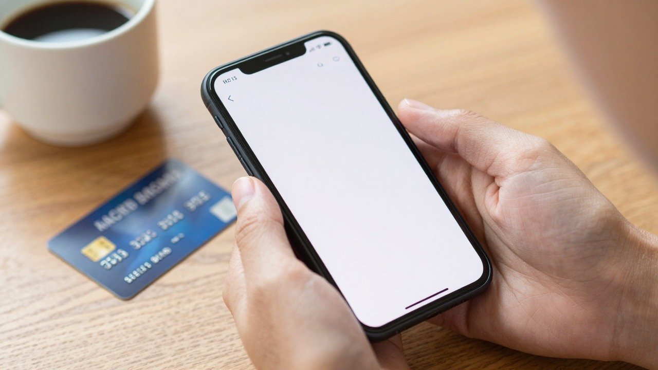 Smartphone affichant une application bancaire à côté d'une carte bancaire