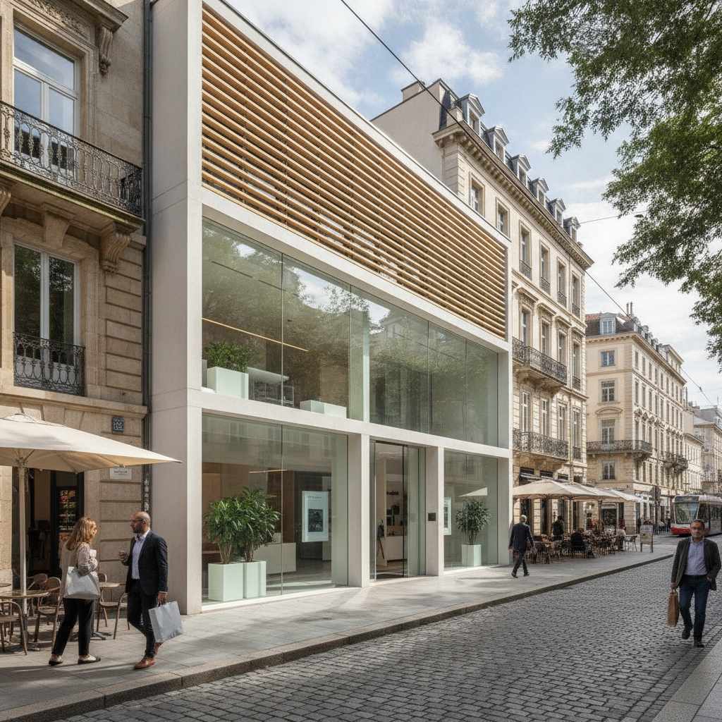Façade moderne d'une agence bancaire en ligne dans une rue commerçante