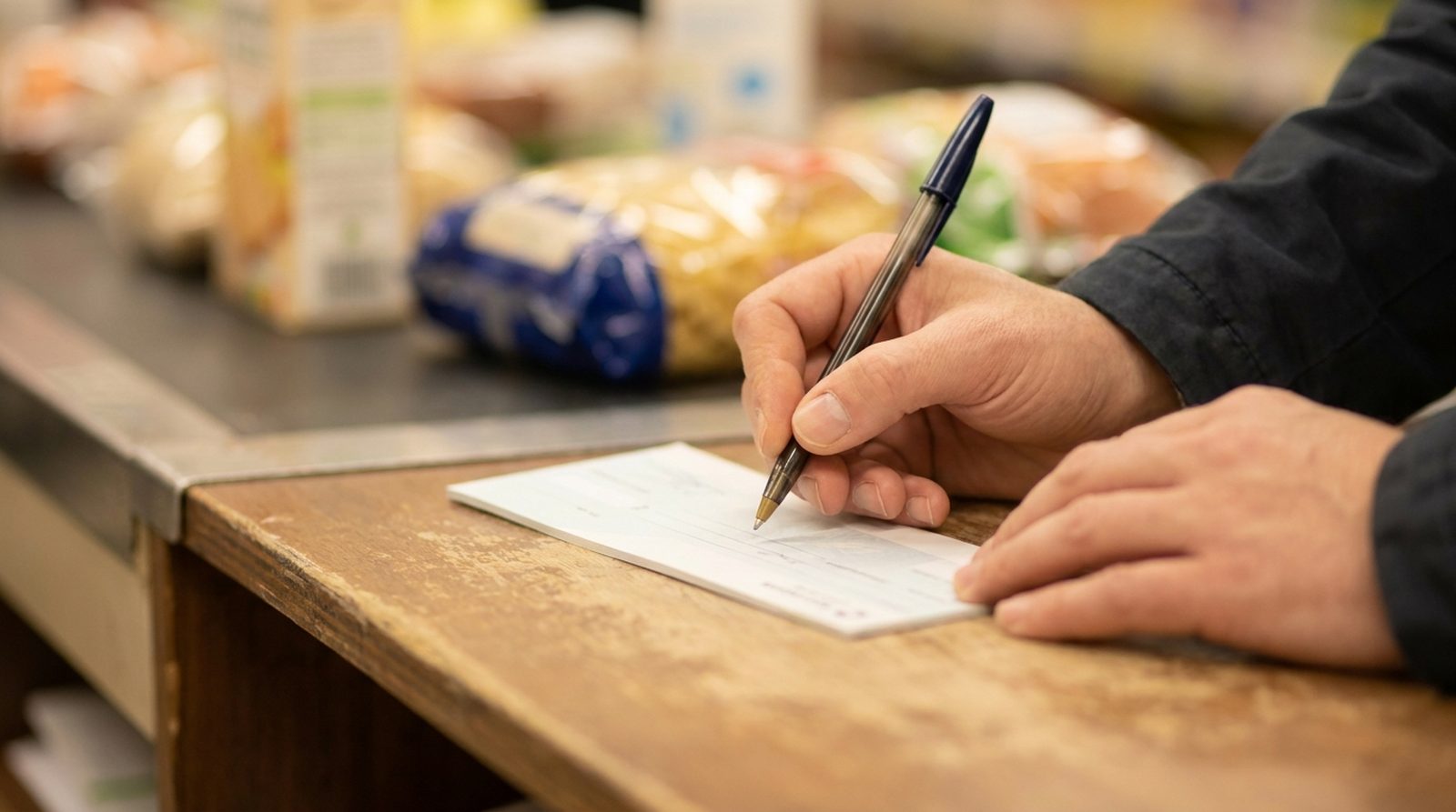 Remplir un chèque différé Leclerc à la caisse avec la date d'encaissement au dos
