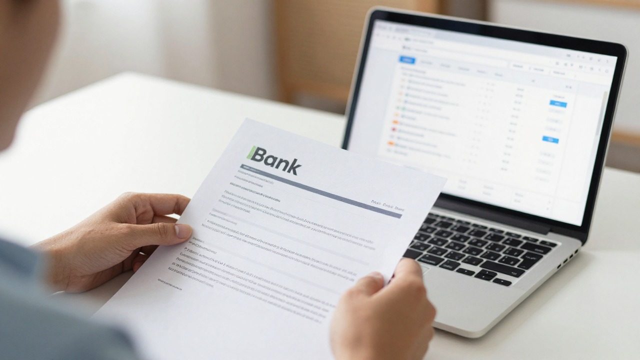 Personne comparant des documents bancaires et un tableau de bord en ligne pour vérifier son IBAN