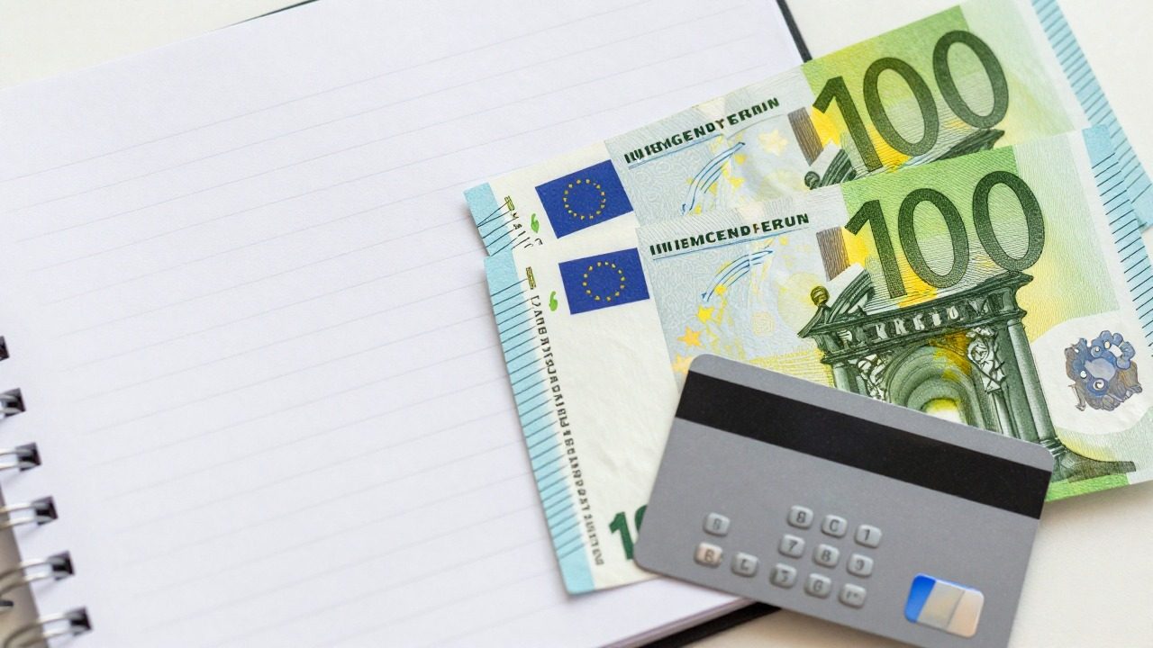 Billets en euros et carte de paiement à côté de notes de calcul sur un bureau
