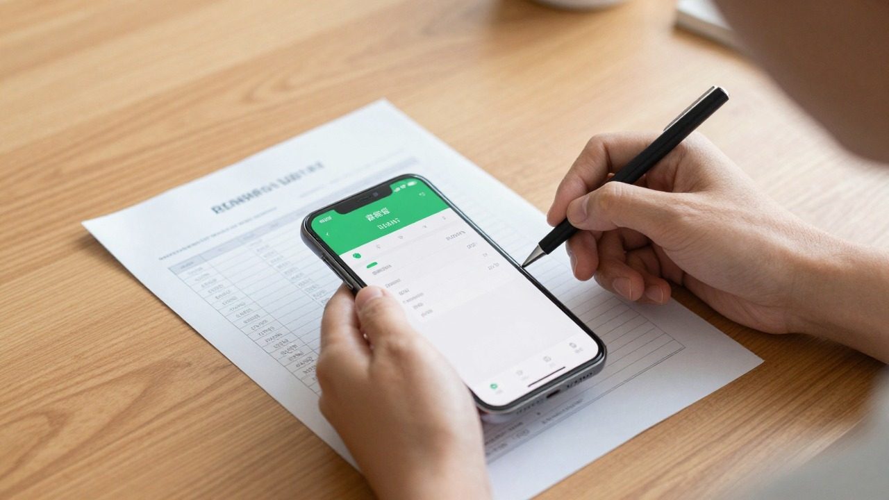 Personne examinant une fiche de paie et une application bancaire sur un smartphone