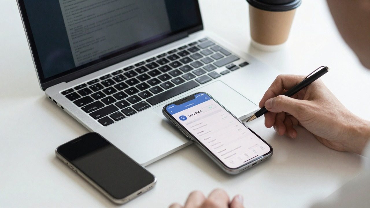 Ordinateur portable et smartphone sur un bureau pour gérer les paramètres de sa banque en ligne